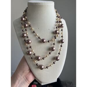 Vtg Metallic Faux Pearl Station Necklace Formal Regency Layered